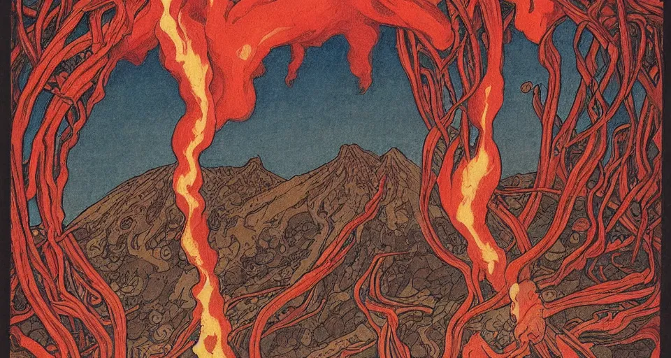 Image similar to a volcano made of ivory vines and crimson rocks enters in eruption, it spits a smoke in the shape of demonic eye, by Ivan Bilibin,