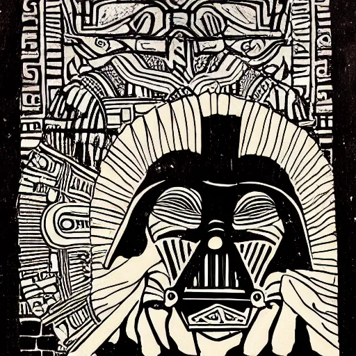 Image similar to ancient aztec art of darth vader inspecting the death star