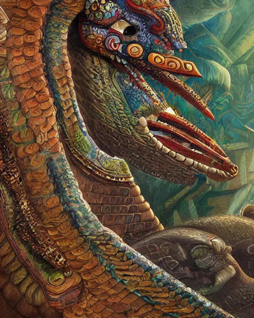 Image similar to digital painting of quetzalcoatl, mayan feathered serpent god, by filipe pagliuso and justin gerard, fantasy, highly detailed, intricate, sharp focus, tarot card