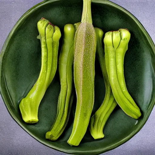 Prompt: a dish of justin beibers face fused with okra veg with green stalky ( ( green justin beiber face ) ), okra shaped stalk nose, oprah okra winfrey sentient veg, by greg rutkowski