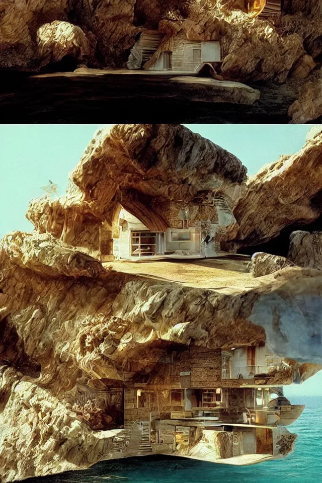 Prompt: seashell house where a hermit girl lives, atmospheric cinematography by syd mead and emmanuel lubezki