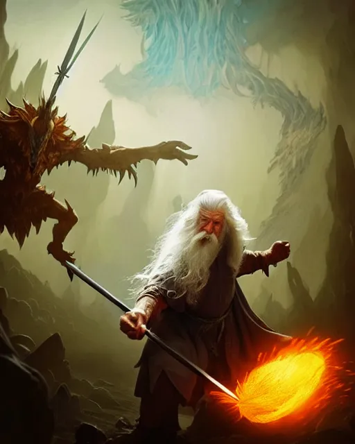 Image similar to gandalf fighting a monster with his magic, in a fantasy medieval land, d & d, fantasy, action pose, particle effects, digital painting, concept art, matte, sharp focus, volumetric lighting, illustration, hearthstone, artgerm, moebius, wlop, craig mullins, alphonse mucha