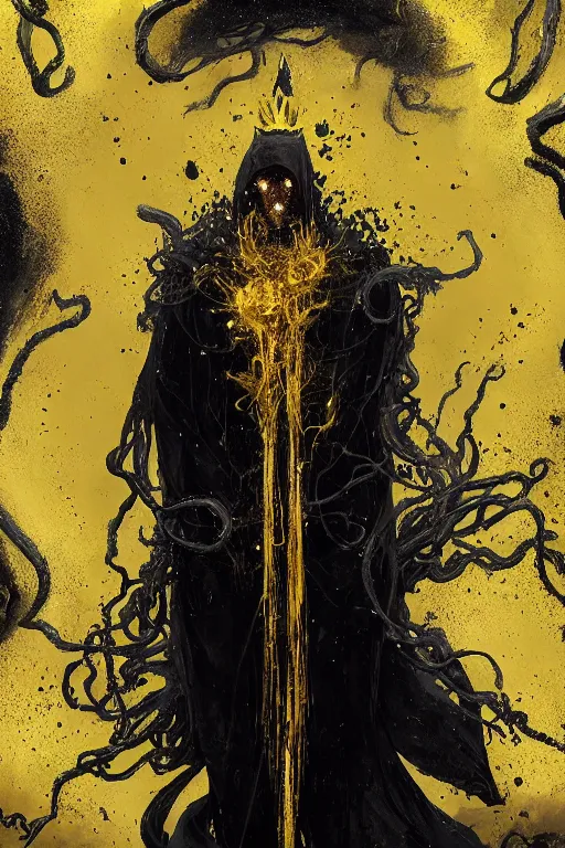 Image similar to A full body portrait of a mysterious character with no face with a very long hooded yellow cloak, a golden crown floating above his head tentacles coming out the ground art by Maciej Kuciara and Jason Chan, ominous, cosmic horror, trending on artstation, Ultra detailed, hyper realistic 4k