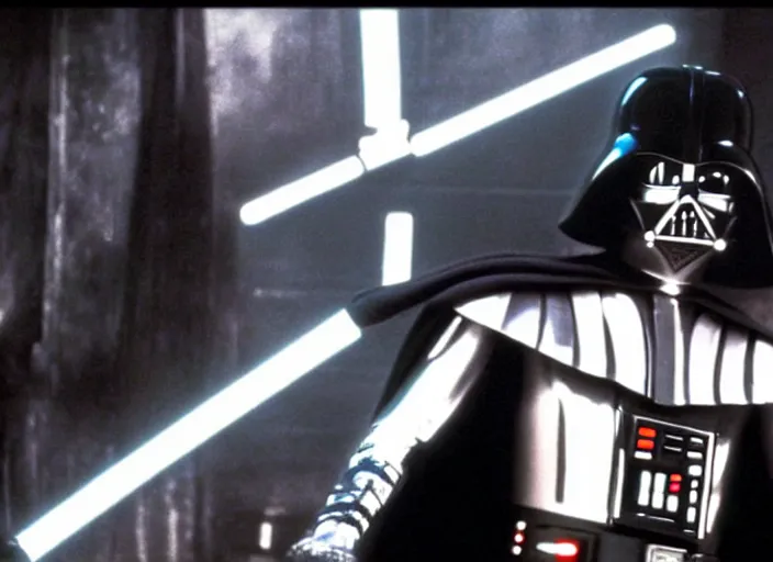 Image similar to film still of Darth Vader dancing as Tony Manero in Staying Alive 1983,