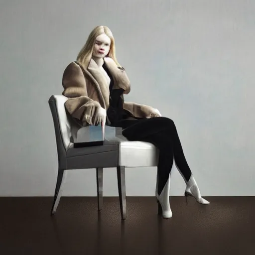 Image similar to Elle Fanning sitting on a white leather chair in the world of Johannes Vormeer, head and shoulders portrait, stormy weather, extremely detailed masterpiece, oil on canvas, low-key neon lighting, artstation, Blade Runner 2049, Roger Deakin’s cinematography, by J. C. Leyendecker and Peter Paul Rubens and Edward Hopper and Michael Sowa,