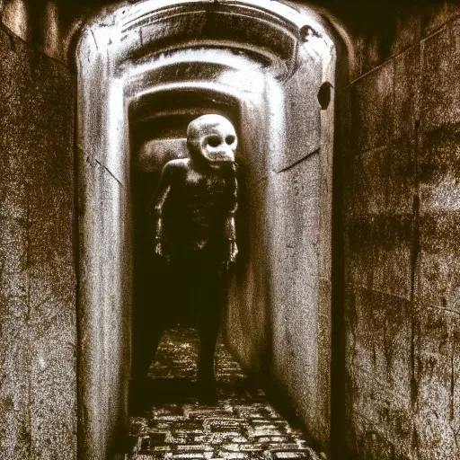 Image similar to down in the sewers of london, dark damp atmosphere, water dripping from the moss covered ceiling, a sinister dark figure is standing at the end of the sewer,