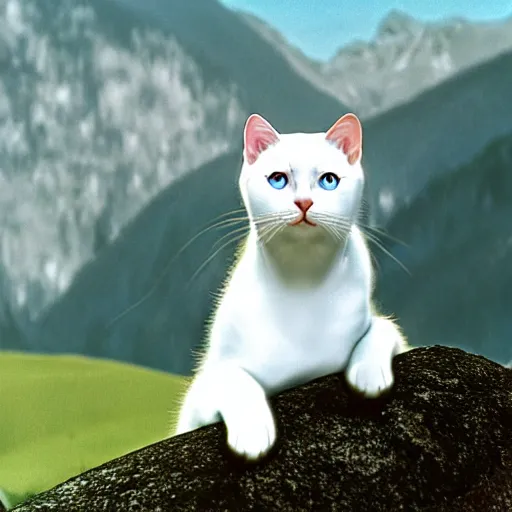 Image similar to a white cat with blue eyes singing to the sound of music, austria, film still, sound of music, 4 k, 8 k