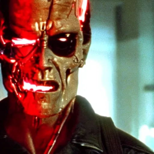 Image similar to film still of the terminator covering his face with a bandana, red glowing eyes, grainy