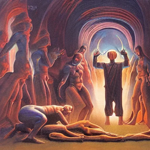 Image similar to disasterpiece mesmerizing inner sanctum of the most disturbing and beautiful truth, in the style of Jeff Easley, Grant Wood, Ken Kelly, – W 1024