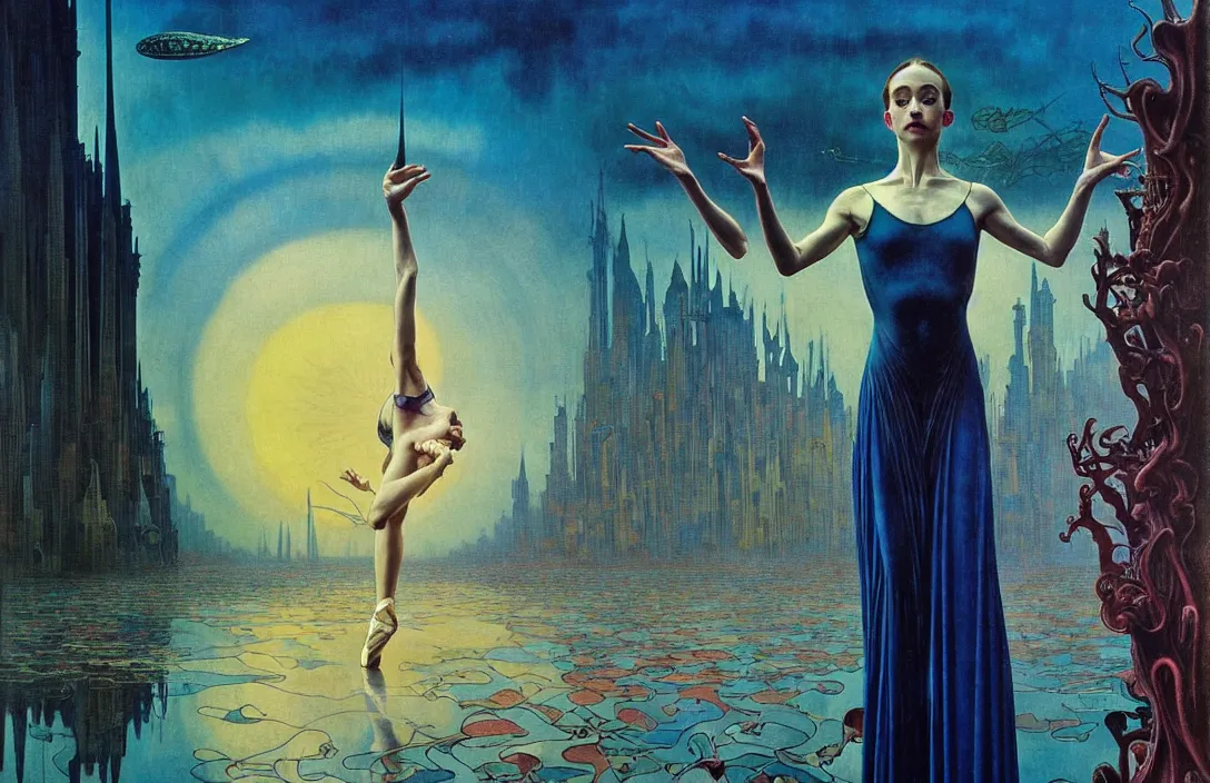 Image similar to realistic detailed portrait movie shot of a prima ballerina wearing a dark robes, sci fi city landscape background by denis villeneuve, amano, yves tanguy, alphonse mucha, ernst haeckel, max ernst, roger dean, masterpiece, rich moody colours, dog teeth, blue eyes, sunset