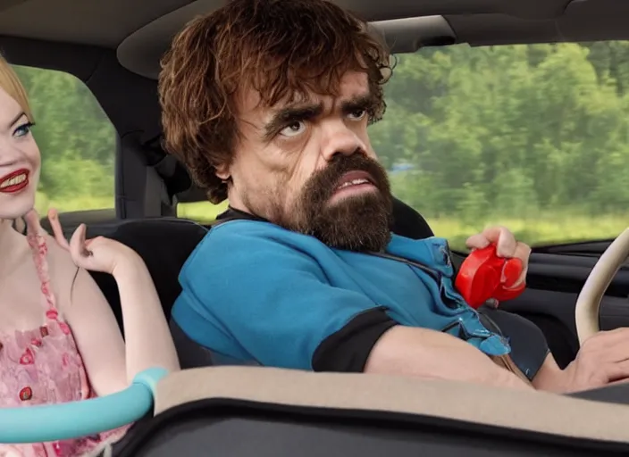 Image similar to peter dinklage and emma stone driving a little tikes cozy coupe, movie still, from the new smokey and the bandit movie, 8 k, realistic