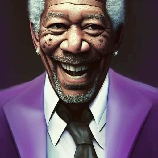 Image similar to Morgan Freeman is The Joker, hyperdetailed, artstation, cgsociety, 8k