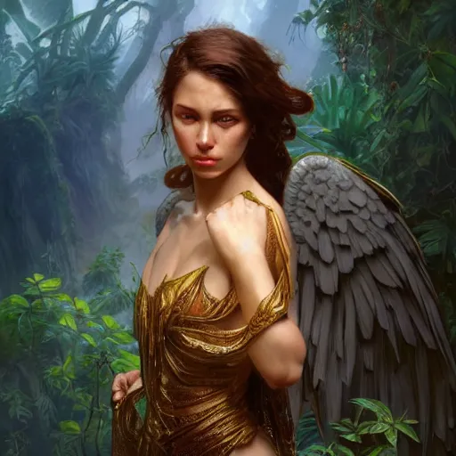 Image similar to a female angel, jungle, dramatic light, intricate, highly detailed, digital painting, artstation, concept art, smooth, sharp focus, illustration, unreal engine 5, 8 k, art by artgerm and greg rutkowski and alphonse mucha