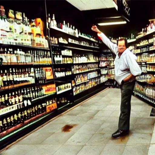 Prompt: jack nicholson walking in liquor store with baseball bat, security camera footage, cctv, high angle view,