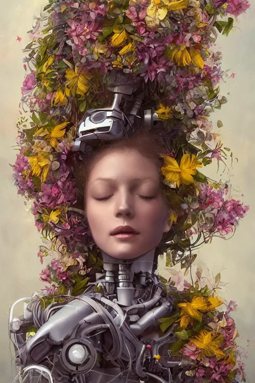 Image similar to a beautiful fine art portrait photo of a robot female cyborg, spread out curly hair covered by hibiscus, daffodils, hydrangea, montsera leaves by tom bagshaw and zach sutton, very detailed, bionic, cybernetic scifi, artstation, 8 k