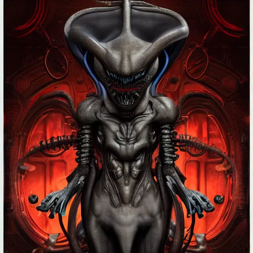 Prompt: mickey mouse xenomorph chimera lurkin in dark room portrait, round ears, two buttons pants, designed by h. r. giger, highly intricate detailed 8 k ultrarealistic octane render by artgerm and rutkowski and mucha