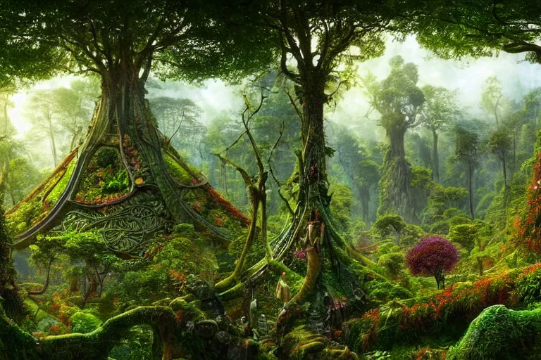 Prompt: a beautiful and highly detailed digital painting of an elven structure in a lush detailed forest in a beautiful valley, psychedelic trees and plants and flowers, celtic, intricate details, epic scale, 8 k, sharp focus, photorealism, artstation, cgsociety, by caspar friedrich, albert bierstadt, james gurney, brian froud,