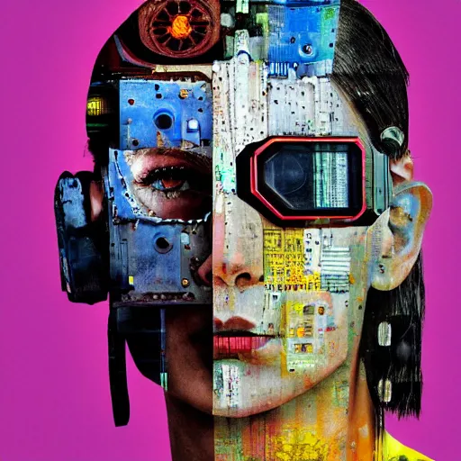 Prompt: Roman cyberpunk God, collage, minimal style, digital painting, 4k, HDR, vernacular, fashion, smooth, sharp focus, art by Sandra Chevrier, John Hoyland, teamLab