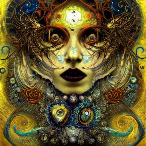 Image similar to Memento Mori by Karol Bak, Jean Deville, Gustav Klimt, and Vincent Van Gogh, beautiful visionary mystical portrait, calavera, otherworldly, fractal structures, ornate gilded medieval icon, third eye, spirals, jeweled calavera