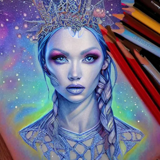 Image similar to colored pencil art on paper, frost queen, highly detailed, artstation, masterpiece, award - winning, caran d'ache luminance