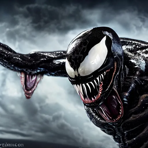 Image similar to full body pose, hyperrealistic photograph of venom, dim volumetric lighting, 8 k, octane beautifully detailed render, extremely hyper detailed, intricate, epic composition, cinematic lighting, masterpiece, trending on artstation, very very detailed, stunning, hdr, smooth, sharp focus, high resolution, award, winning photo, dslr, 5 0 mm