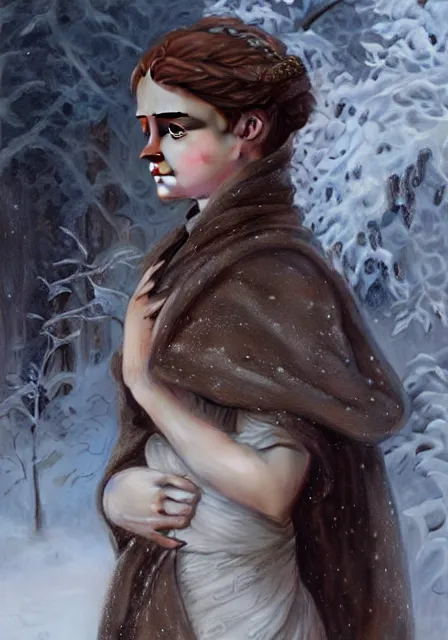 Image similar to sansa emma watson snow, intricate, elegant, highly detailed, digital painting, artstation, concept art, smooth, sharp focus, illustration, art by artgerm and greg rutkowski and alphonse mucha and william - adolphe bouguereau