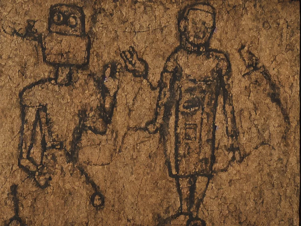 Image similar to robot jesus as a cave painting