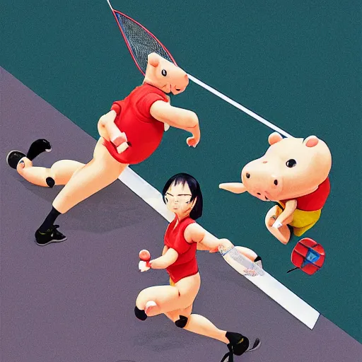 Image similar to illustration of hippo action figures playing badminton by ilya kuvshinov katsuhiro otomo