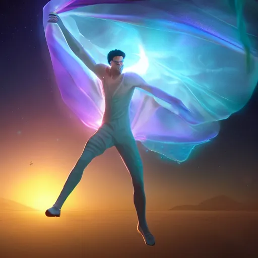 Prompt: a wide shot of an athletic beautiful young male with his whole body covered by a 1 0 meter long translucent iridiscent veil, floating dramatically in space, the veil moves with the wind, beautifull cosmic light, realistic detailed, unreal engine 5 digital art