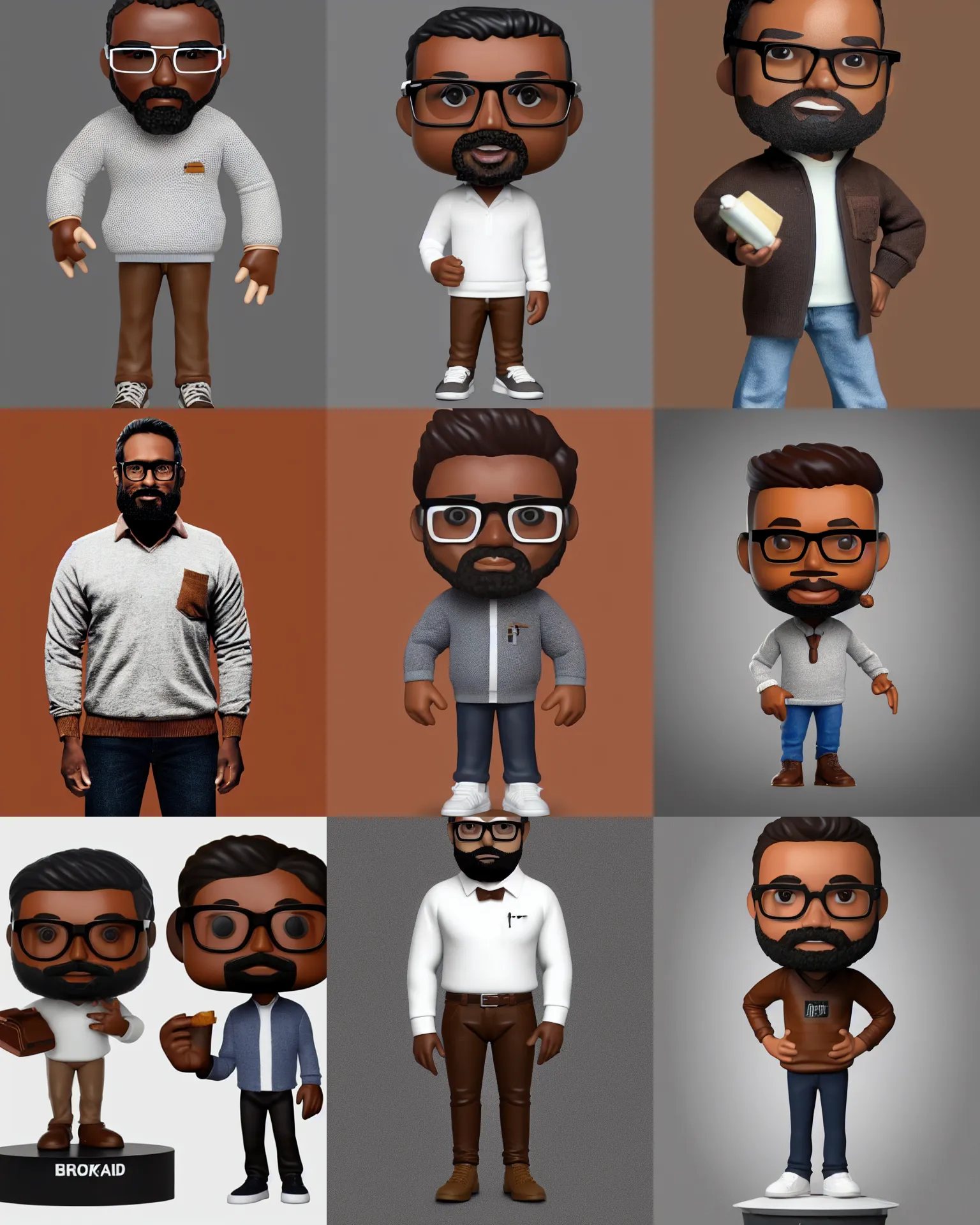 Prompt: full body 3d render of brown man with a little beard wearing tobacco brown pullover, glasses, white collar, as a full body funko pop!, studio lighting, grey background, single body, no shadow, blender, trending on artstation, 8k, highly detailed