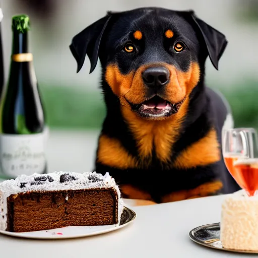 Image similar to a high - quality photo of a cute rottweiler with a half - eaten birthday cake and champagne, 4 5 mm, f 3. 5, sharpened, iso 2 0 0, raw, food photography
