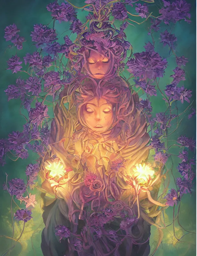 Prompt: lovecraftian deity of light and flowers. this oil painting by the award - winning mangaka has interesting color contrasts, plenty of details and impeccable lighting.