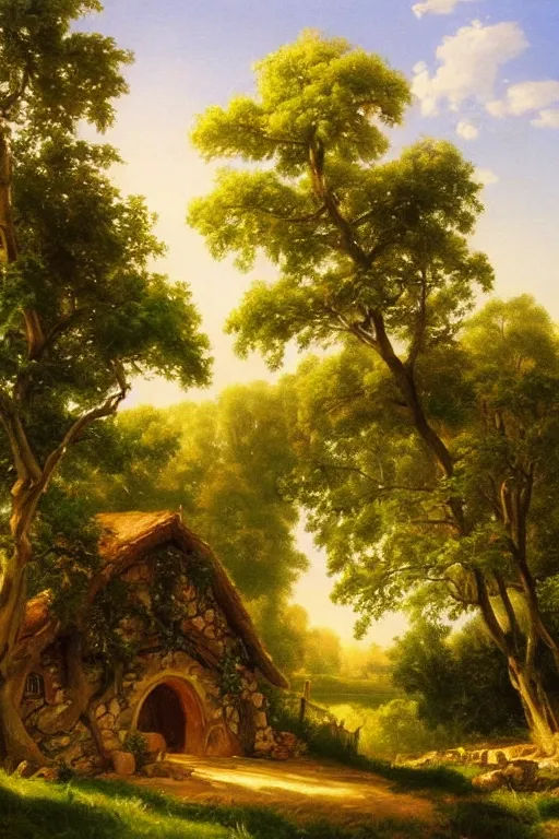 Image similar to asher brown durand oil painting on canvas of tolkien's the shire hobbiton