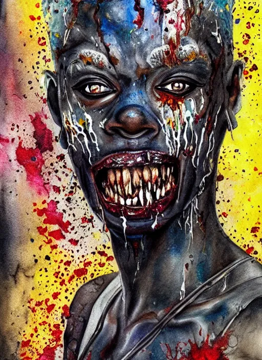 Image similar to african american zombie hollywood artwork professional acting headshot, hyperrealism, intricate detail, studio lighting, charming expression gesicht, hauntingly beautiful zombie, watercolor art, epic, legendary, drawn and painted, colored layers, dulled contrast, exquisite fine art, splatterpaint