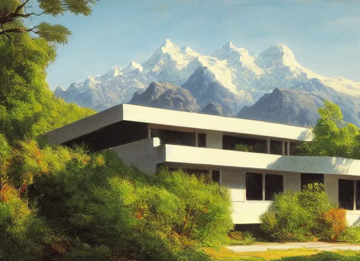 Image similar to painting of a richard neutra house in front of beautiful mountains by thomas cole