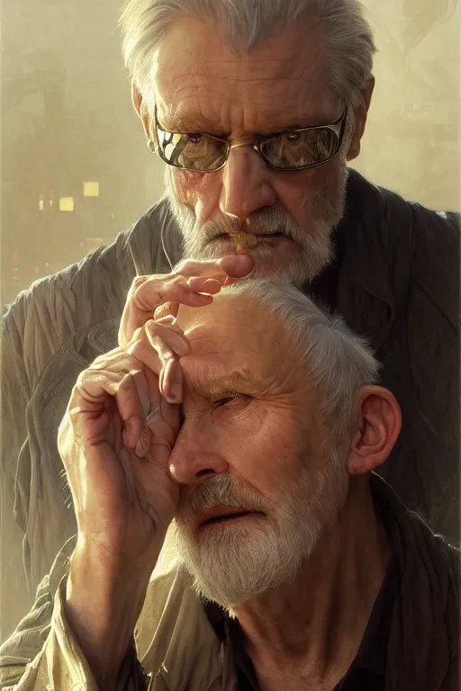 Image similar to portrait, close up, cyberpunk old man, movie poster, normal hands, normal legs, cinematic lighting, intricate, rugged, highly detailed, digital painting, artstation, smooth, sharp focus, illustration, art by artgerm and greg rutkowski and alphonse mucha and Wayne Barlowe and william-adolphe bouguereau