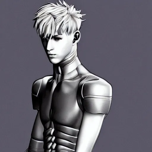 Image similar to “a realistic detailed photo of a guy who is an attractive humanoid who is half robot and half humanoid, who is a male android, twitch streamer Ninja Tyler Blevins, shiny skin, posing like a statue, blank stare”