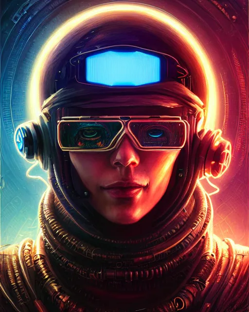 Prompt: a highly detailed portrait of a cyberpunk hacker, steampunk stargate by greg rutkowski and android jones in a surreal portrait style, oil on canvas, ancient cyberpunk 8k resolution, masterpiece