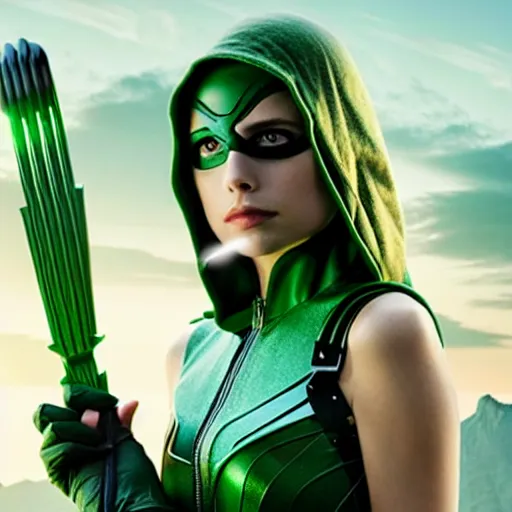 Prompt: film still of willa holland as an attractive female green arrow in the 2 0 1 7 film justice league, bleach blonde hair, focus - on - facial - details!!!!!!, minimal bodycon feminine costume, dramatic cinematic lighting, inspirational tone, suspenseful tone, promotional art