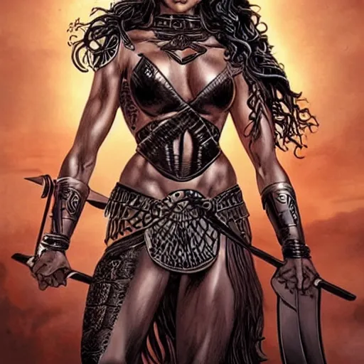 Prompt: greek amazon warrior, a tall beautiful woman with bronzed skin and long raven hair, dressed in leather and hellenistic armour, intricate, elegant, highly detailed, smooth, sharp focus, detailed face, high contrast, graphic novel, art by pepe larraz,