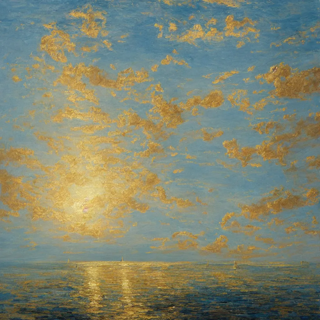 Prompt: 3d high relief painting of sea like glass,golden clouds like sheeps floating lightly in the air, bright silouette of angels gliding over the water, tall ancient tower in the distance, dreamy, soft , highly detailed, expressive impressionist style,in the style of William Schneider