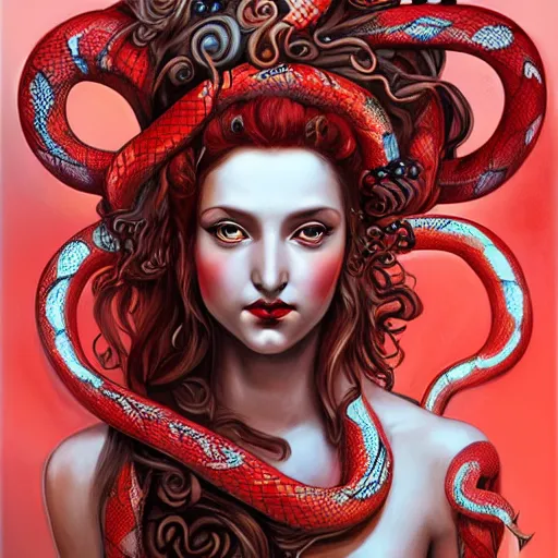 Image similar to realistic mythological greek medusa with red snakes on the head full body, by anna dittmann