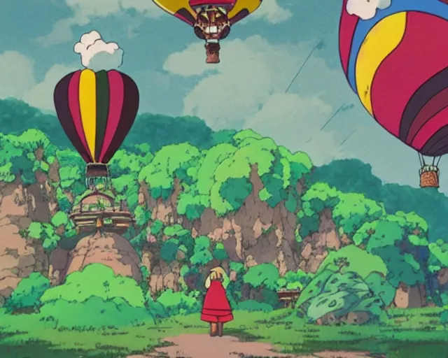 Image similar to mountain overseeing clown village next to a balloon forest, studio ghibli style, hayao miyazaki