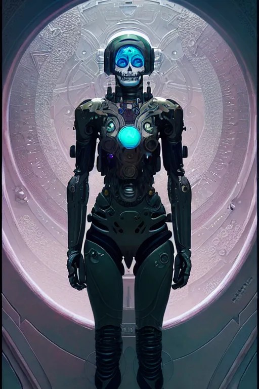 Prompt: ultra detailed Female Android, scifi, fantasy, octane render, (dia de los muertos), asymmetrical, intricate concept art, art by Godmachine and michael welan and DZO and greg rutkowski and alphonse mucha and loish and WLOP