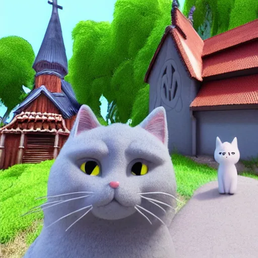 Image similar to claymation of a fluffy grey cat pointing it's paw at a priest in front of a white stave church by studio ghibli fantastic realism ultra - wide angle lens, early morning - - ar 4 : 3