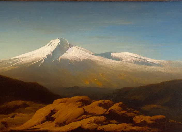 Prompt: mt. ruapehu, new zealand in the style of hudson river school of art, oil on canvas