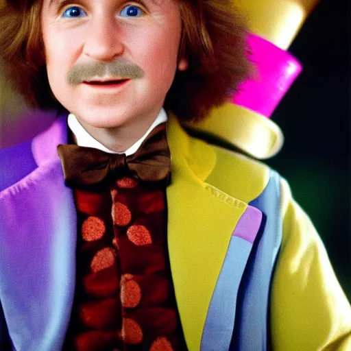Prompt: close up photo of Willy Wonka photo by Bill Henson EOS-1D, f/1.4, ISO 200, 1/160s, 8K, RAW, unedited, symmetrical balance, in-frame