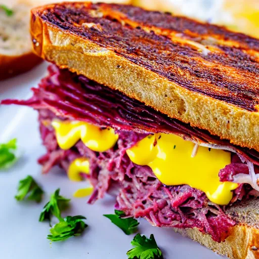 Image similar to a photograph of a rueben sandwich filled with so much cornbeef - pastrami that the sandwich is 5 times taller than other sandwiches, it looks mouth watering with melting cheeses and grilled onions, 1 0 0 0 island dressing and pumpernickle bread cooked to perfection, food photography