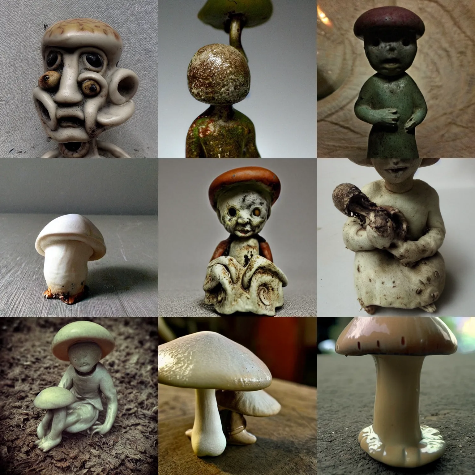 Prompt: antique! mushroom!!! ceramic figurine, cursed image, eerie horror, unsettling disturbing creepy macro photo, bad quality