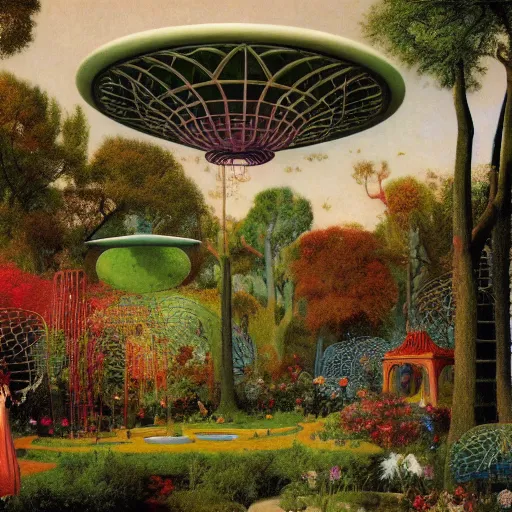 Prompt: a colorful, detailed print - a garden in the sky with a latticework of trees and the remnants of a flying saucer with a skull background. by arnold bocklin and barclay shaw, masterful print. 4 k, unreal engine stunning art nouveau